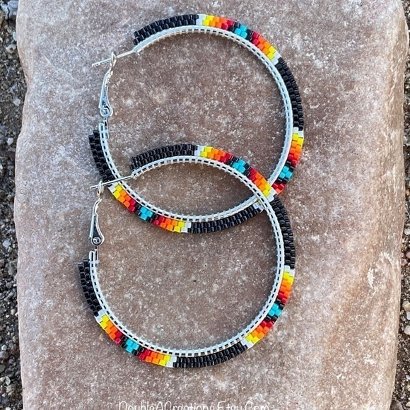 Black with Native Colors 2” Beaded Hoops, New, Handmade by Me - Picture 3 of 7